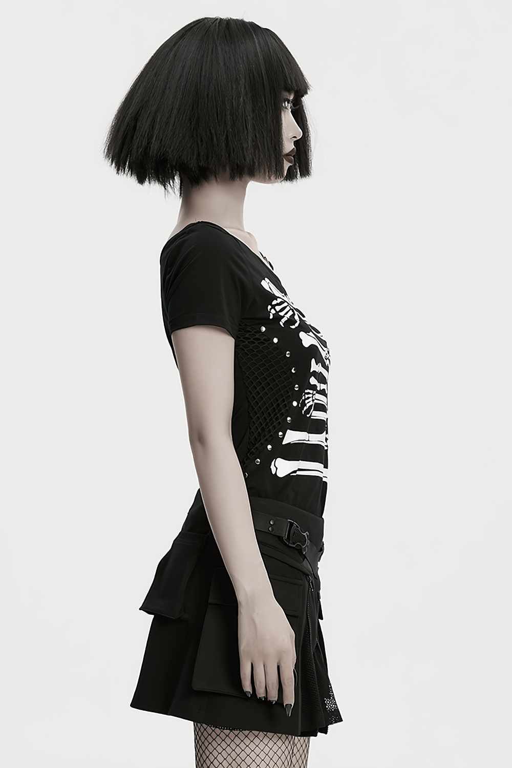 Stylish Skeleton Print T-Shirt with Studded Strap Detail