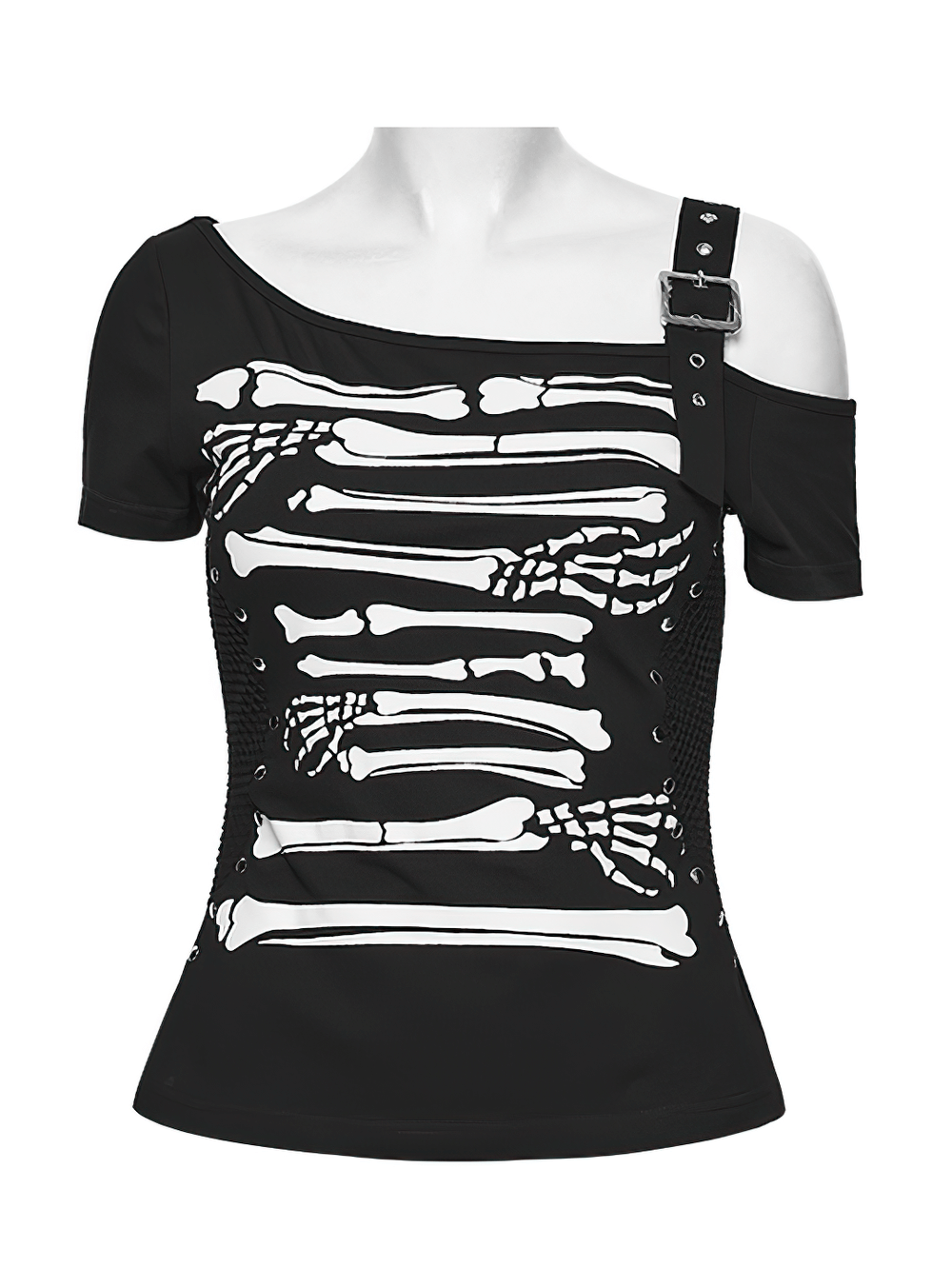 Stylish Skeleton Print T-Shirt with Studded Strap Detail