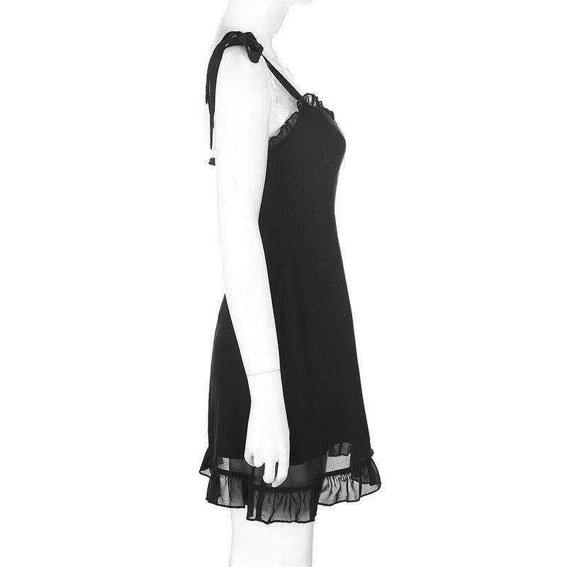 Sweet Black Summer Mini Dresses in Gothic Fashion / Backless Women Sexy Mesh Wrap Sundress