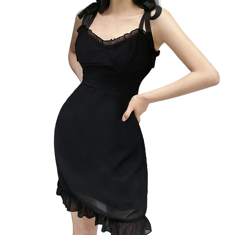 Sweet Black Summer Mini Dresses in Gothic Fashion / Backless Women Sexy Mesh Wrap Sundress