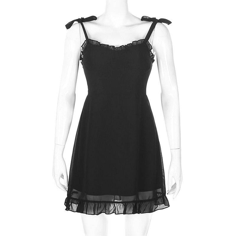 Sweet Black Summer Mini Dresses in Gothic Fashion / Backless Women Sexy Mesh Wrap Sundress