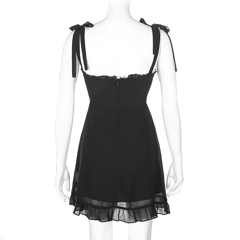 Sweet Black Summer Mini Dresses in Gothic Fashion / Backless Women Sexy Mesh Wrap Sundress