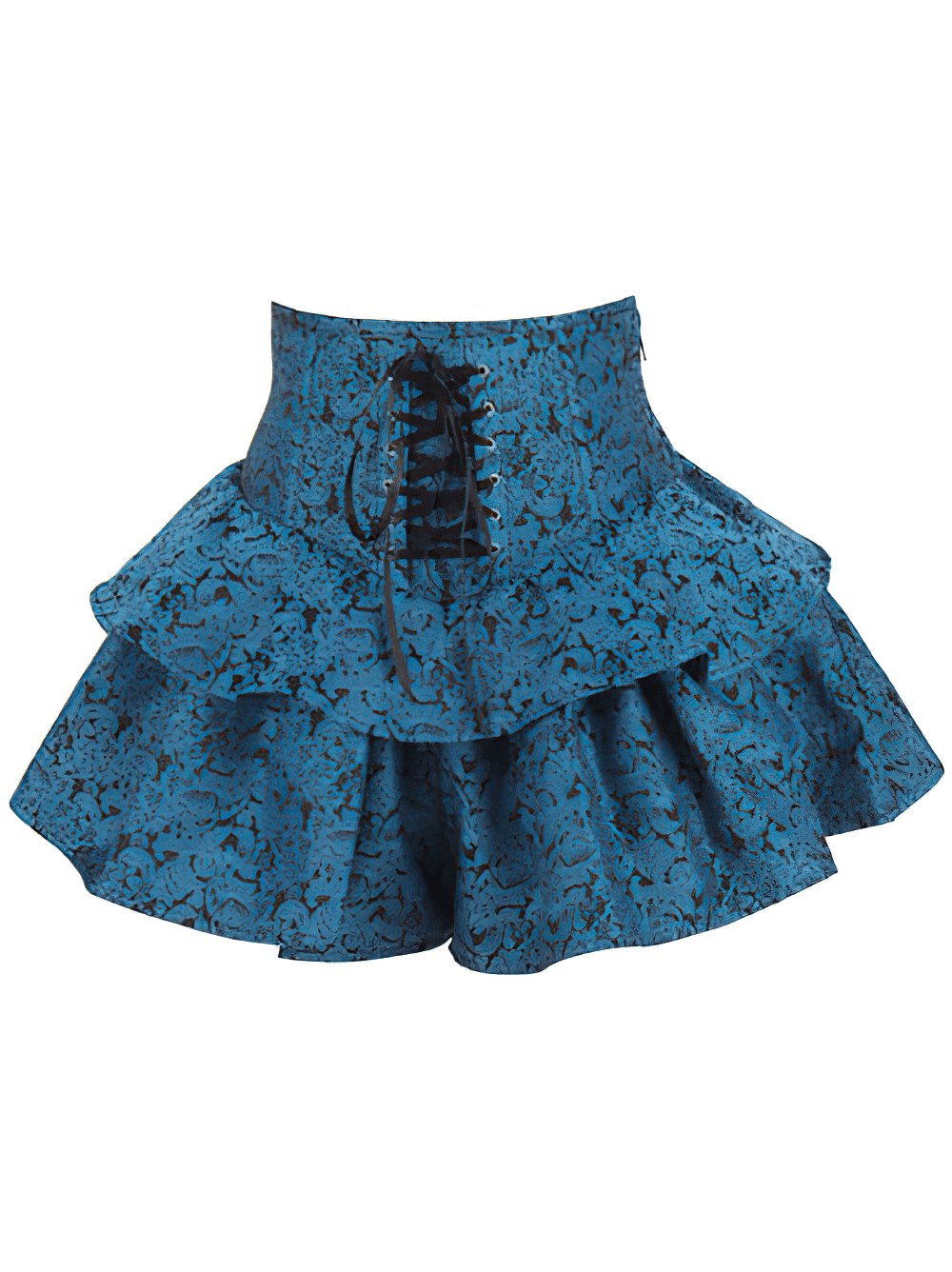 Teal Blue Brocade Corset Mini Skirt with Layered Ruffles