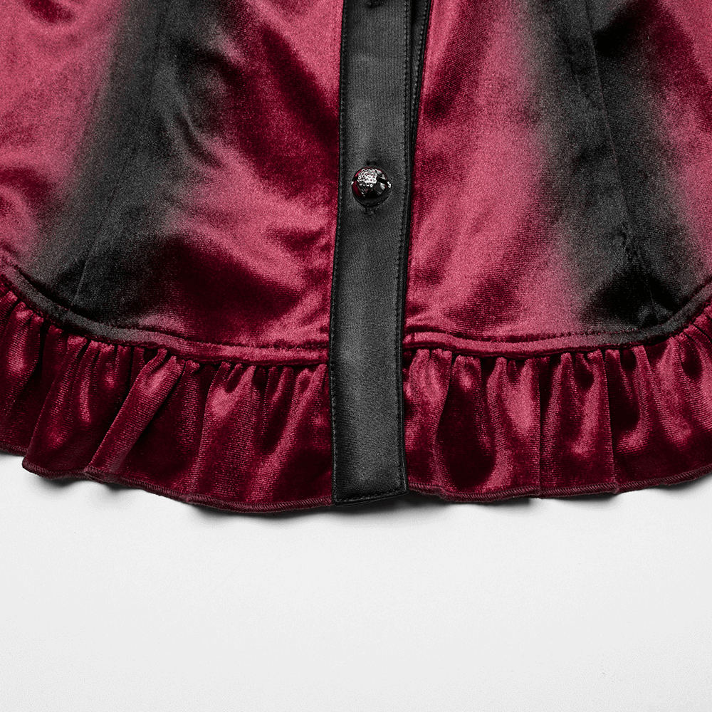 Velvet Batwing Collar Shirt with Lace-Up Back and Ruffle Hem