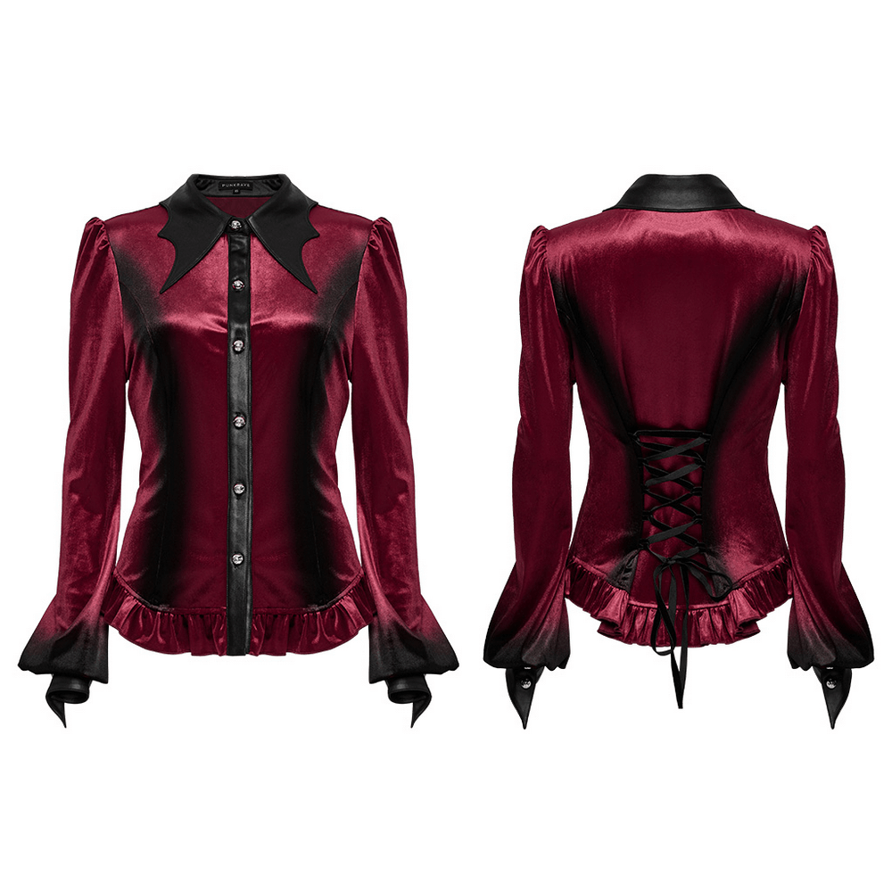 Velvet Batwing Collar Shirt with Lace-Up Back and Ruffle Hem