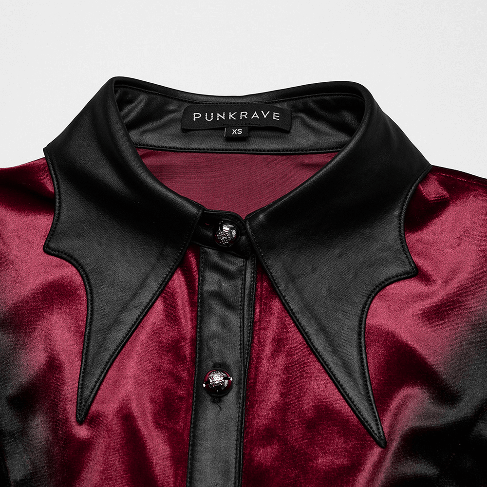 Velvet Batwing Collar Shirt with Lace-Up Back and Ruffle Hem
