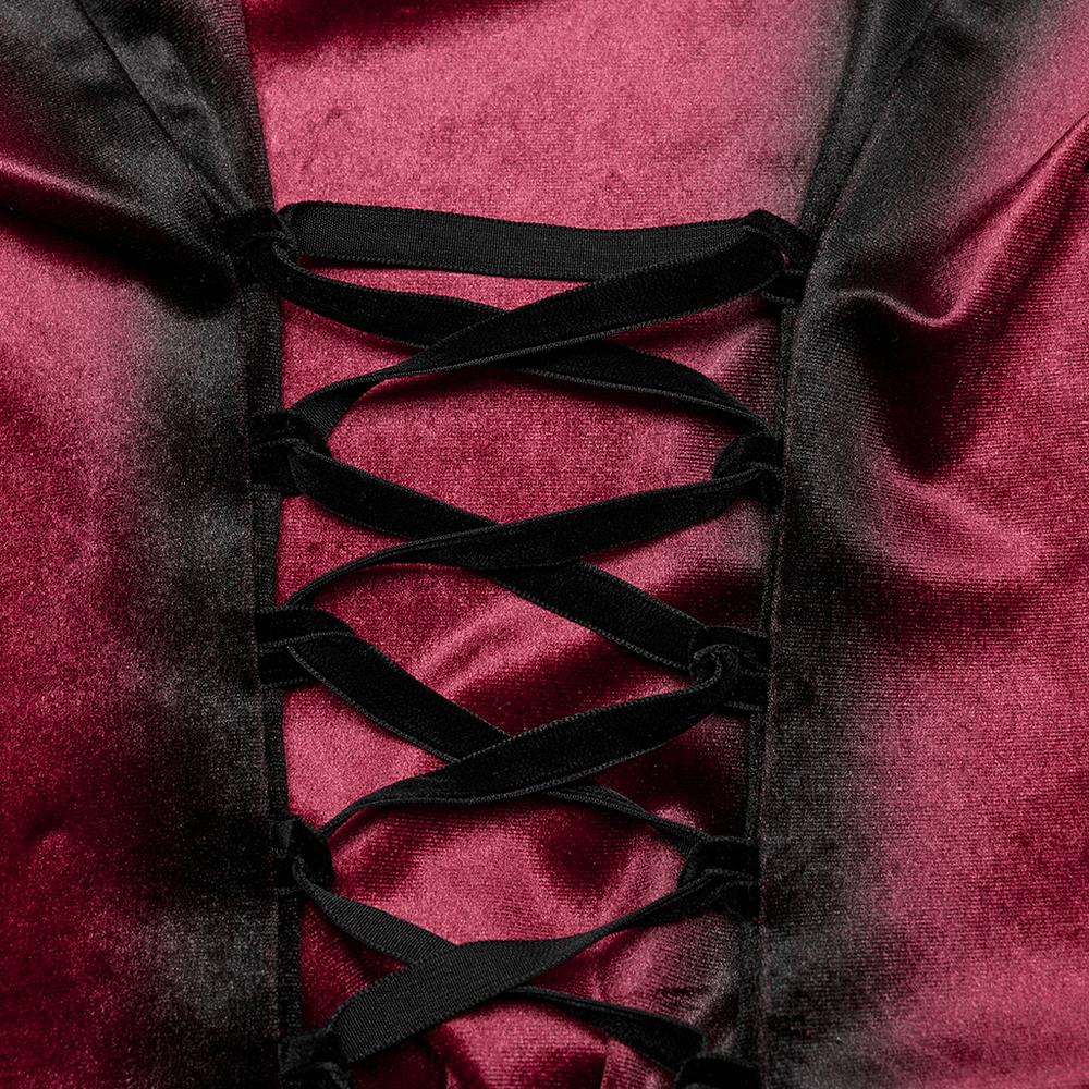 Velvet Batwing Collar Shirt with Lace-Up Back and Ruffle Hem