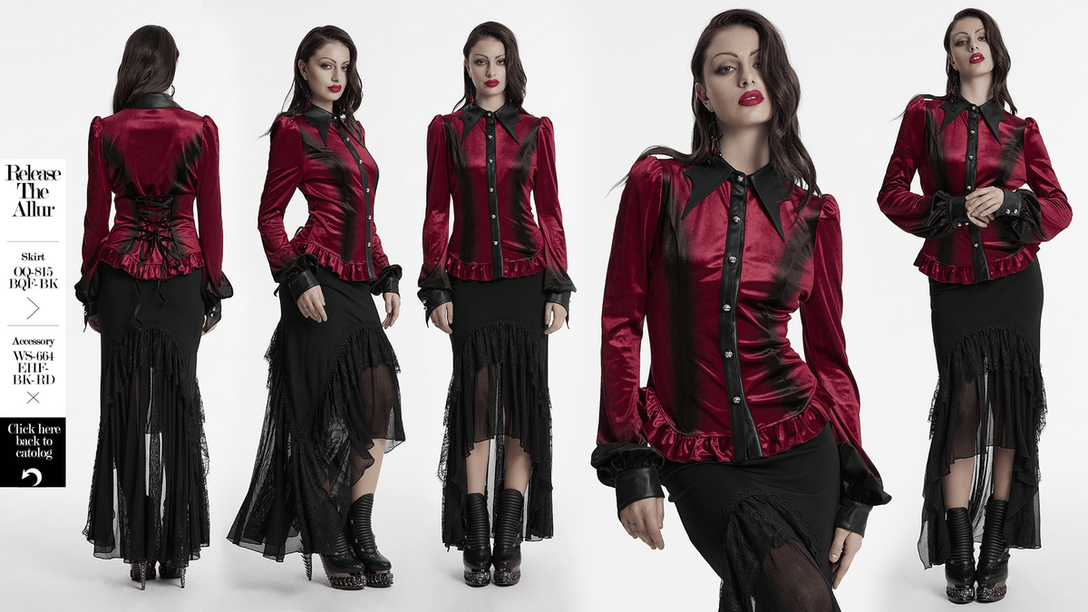 Velvet Batwing Collar Shirt with Lace-Up Back and Ruffle Hem