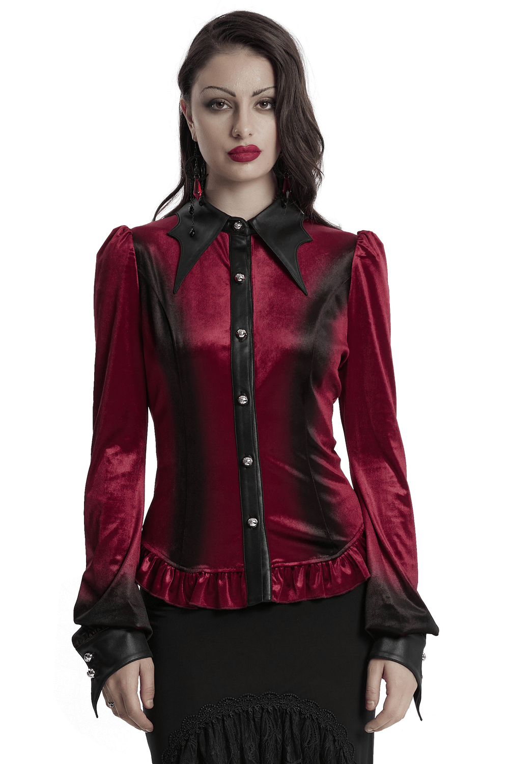 Velvet Batwing Collar Shirt with Lace-Up Back and Ruffle Hem