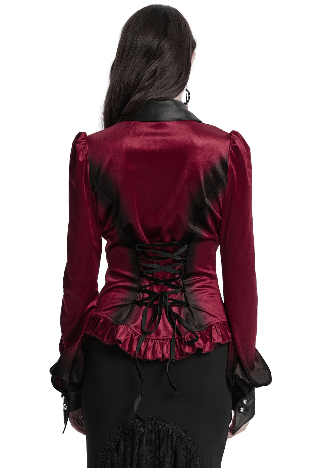 Velvet Batwing Collar Shirt with Lace-Up Back and Ruffle Hem