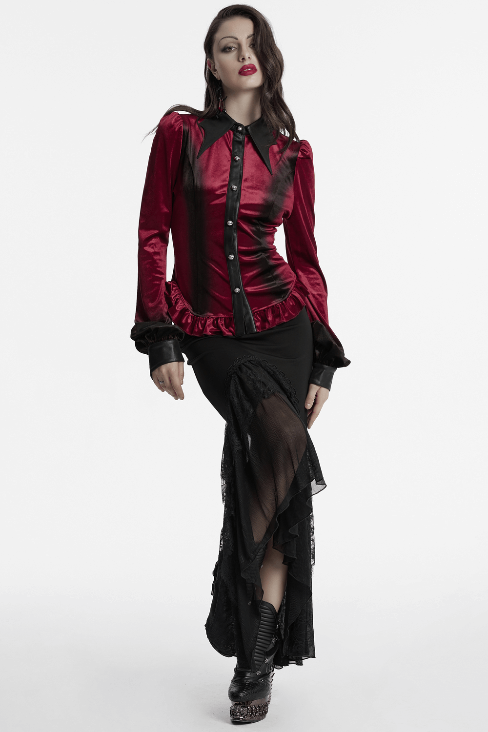 Velvet Batwing Collar Shirt with Lace-Up Back and Ruffle Hem
