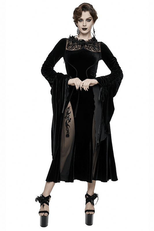 Velvet Black Dress with Filigree Patterns / Gothic Style Dress With Wide Adjustable Sleeves