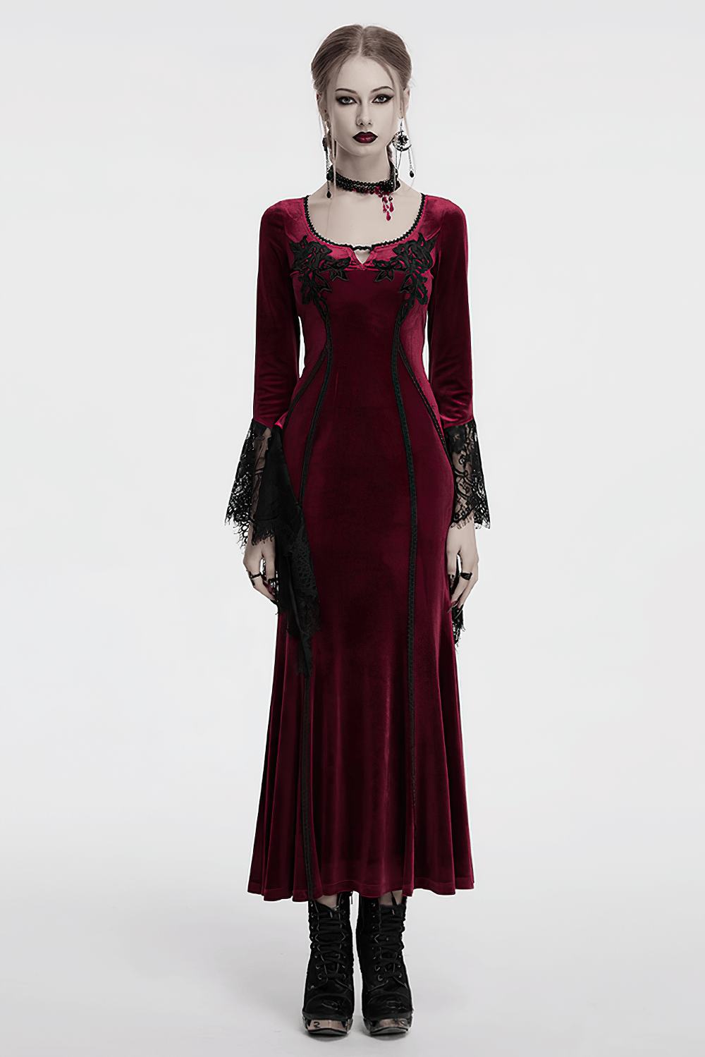 Velvet Dress with Lace Bell Sleeves and Rose Embroidery