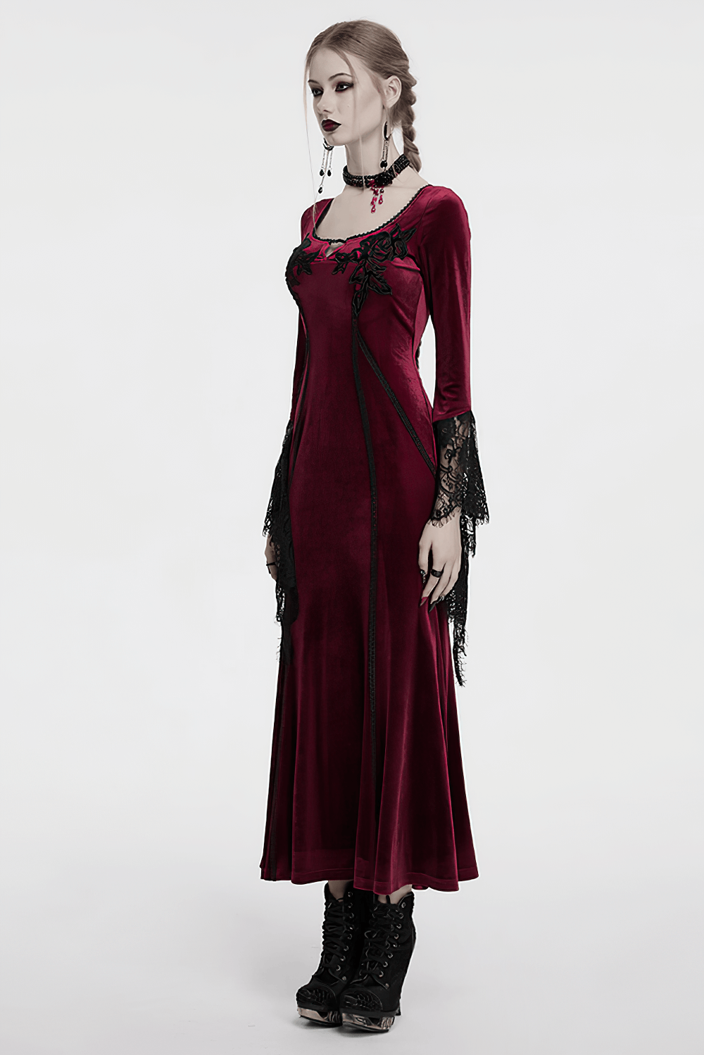 Velvet Dress with Lace Bell Sleeves and Rose Embroidery