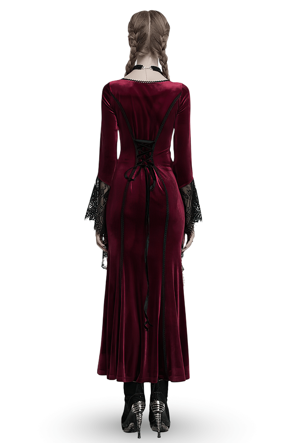 Velvet Dress with Lace Bell Sleeves and Rose Embroidery