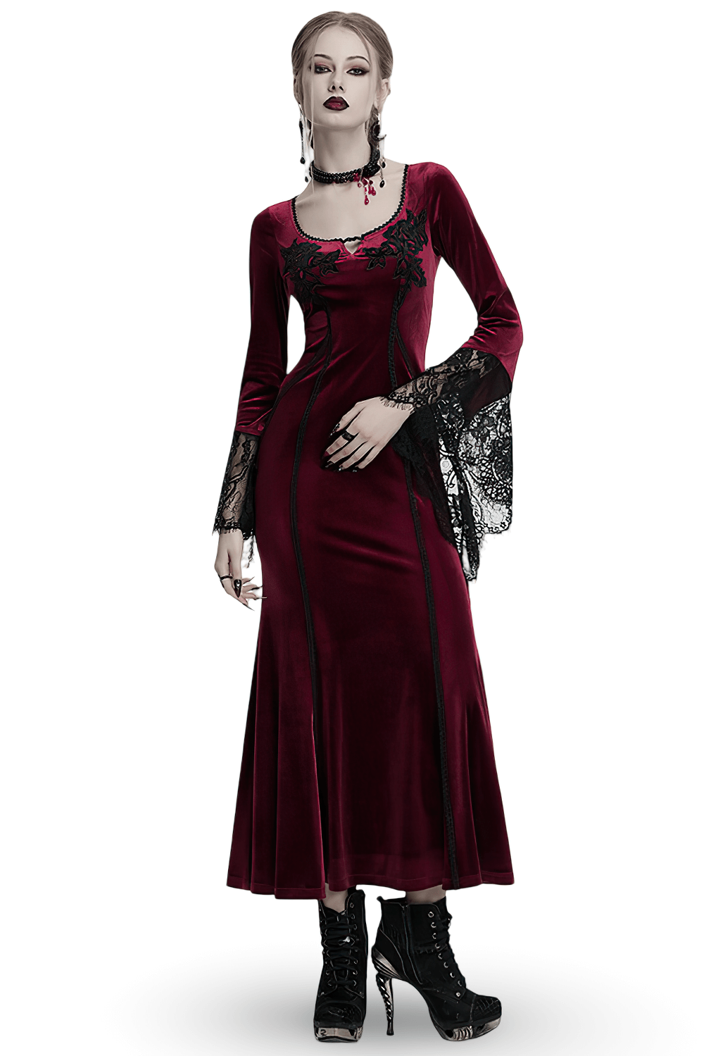 Velvet Dress with Lace Bell Sleeves and Rose Embroidery