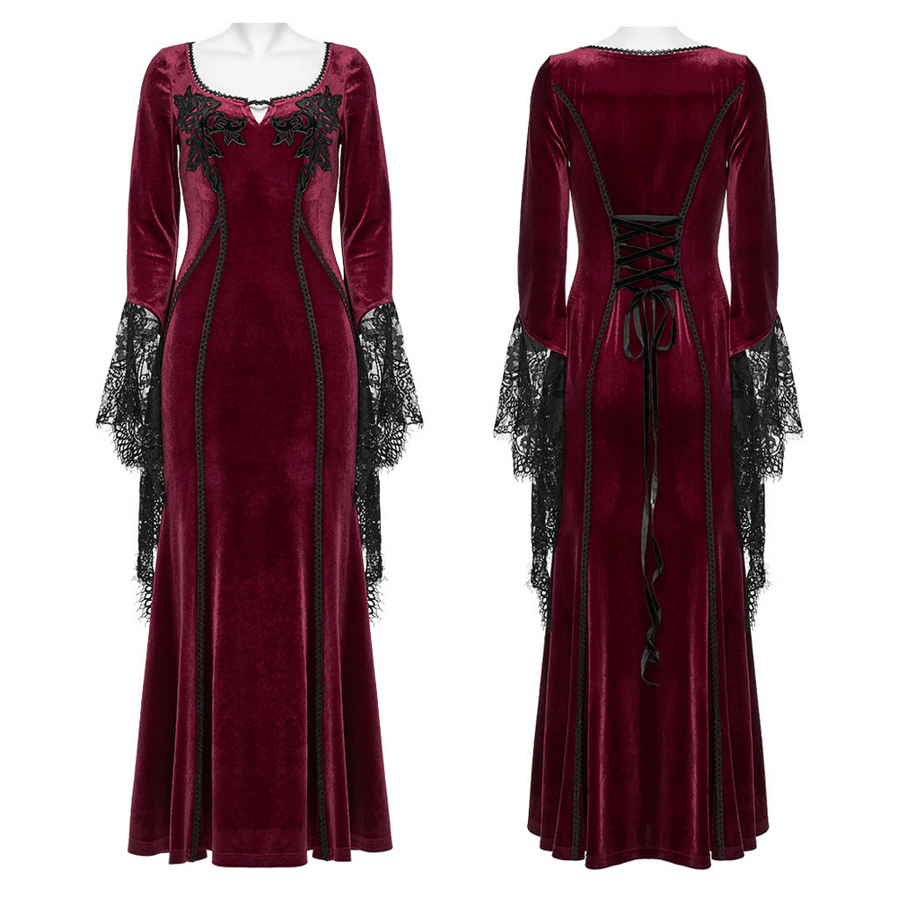 Velvet Dress with Lace Bell Sleeves and Rose Embroidery