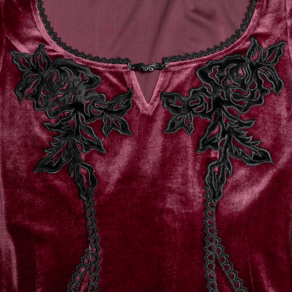 Velvet Dress with Lace Bell Sleeves and Rose Embroidery