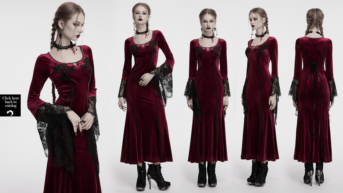 Velvet Dress with Lace Bell Sleeves and Rose Embroidery