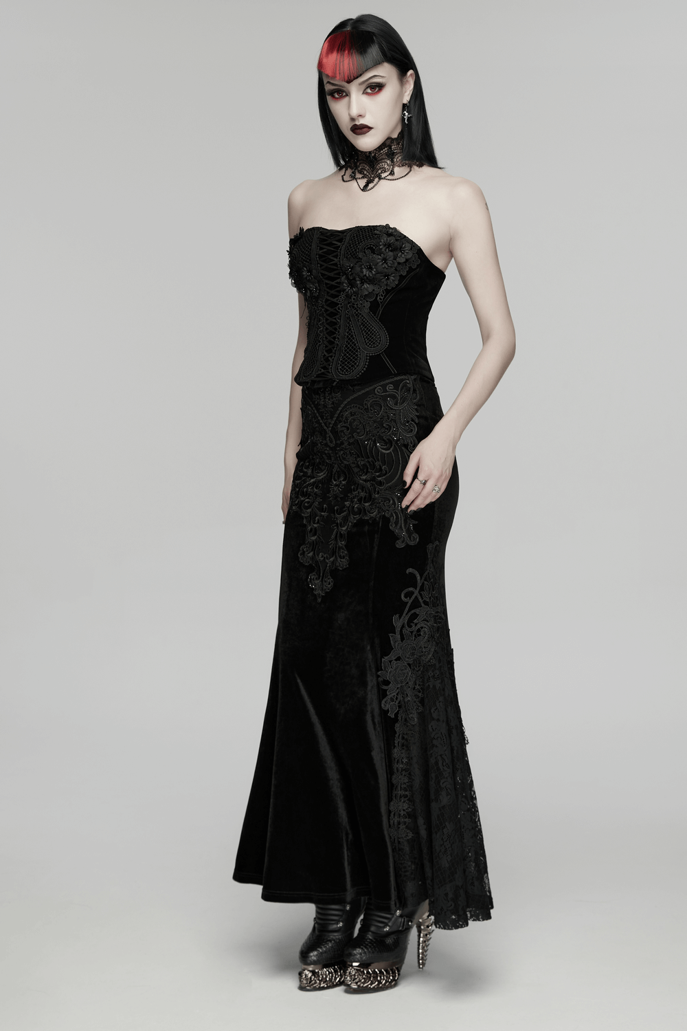 Velvet Goth Skirt with Lace and Sequin Embroidered Detailing