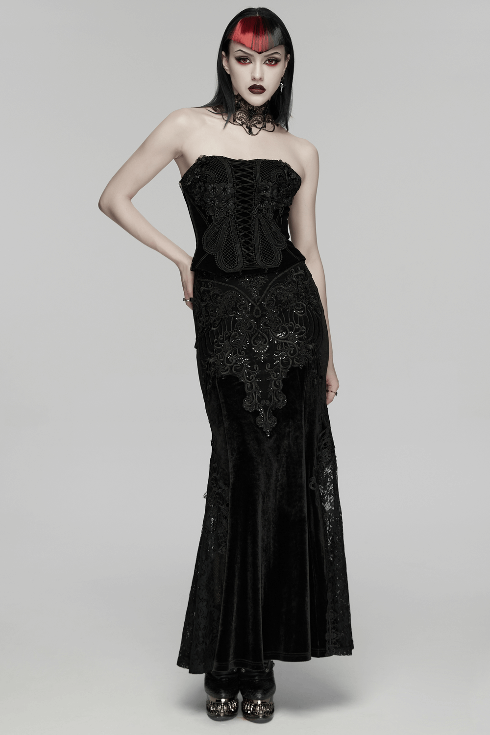Velvet Goth Skirt with Lace and Sequin Embroidered Detailing