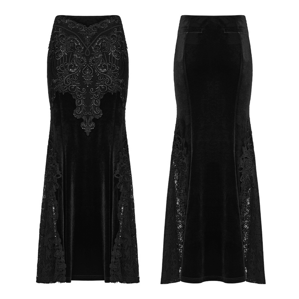 Velvet Goth Skirt with Lace and Sequin Embroidered Detailing