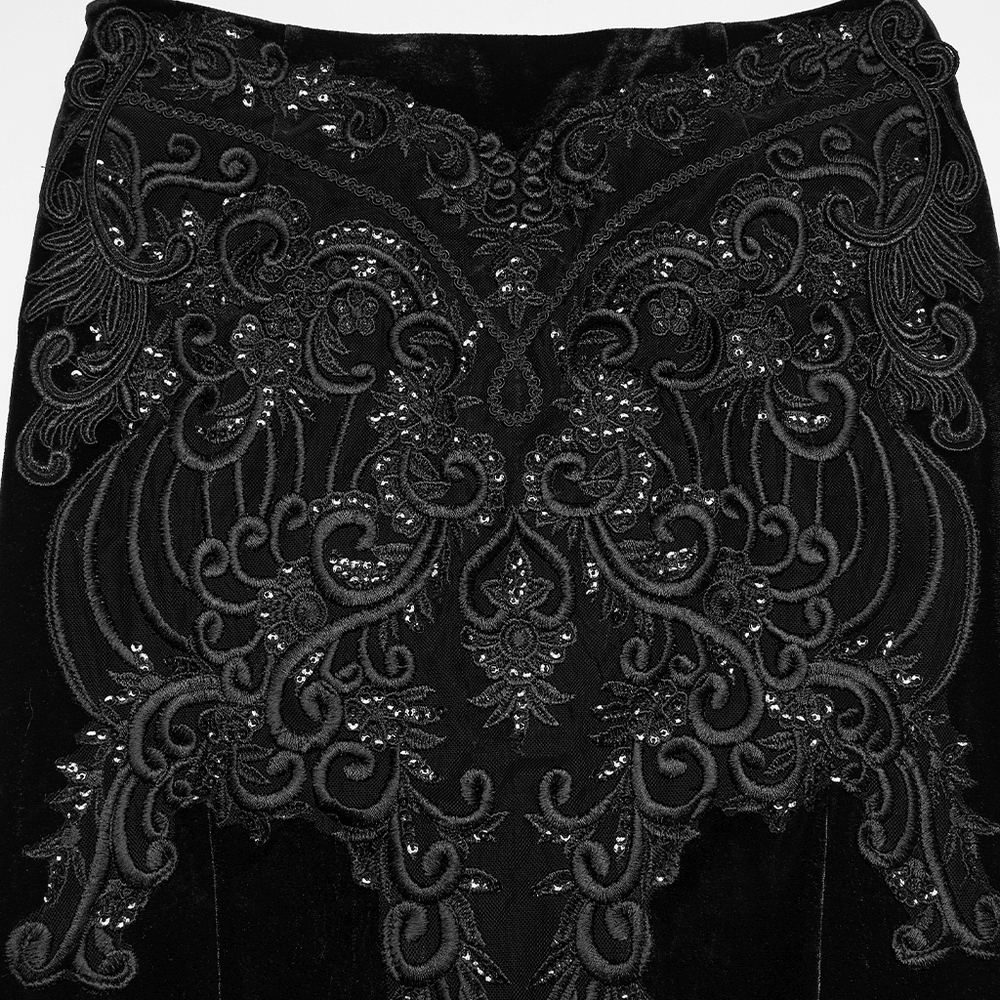 Velvet Goth Skirt with Lace and Sequin Embroidered Detailing