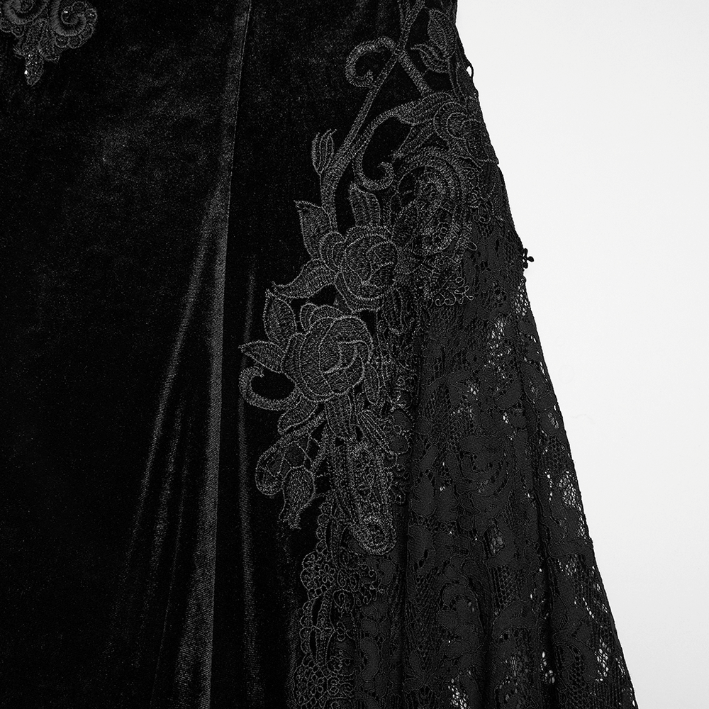 Velvet Goth Skirt with Lace and Sequin Embroidered Detailing