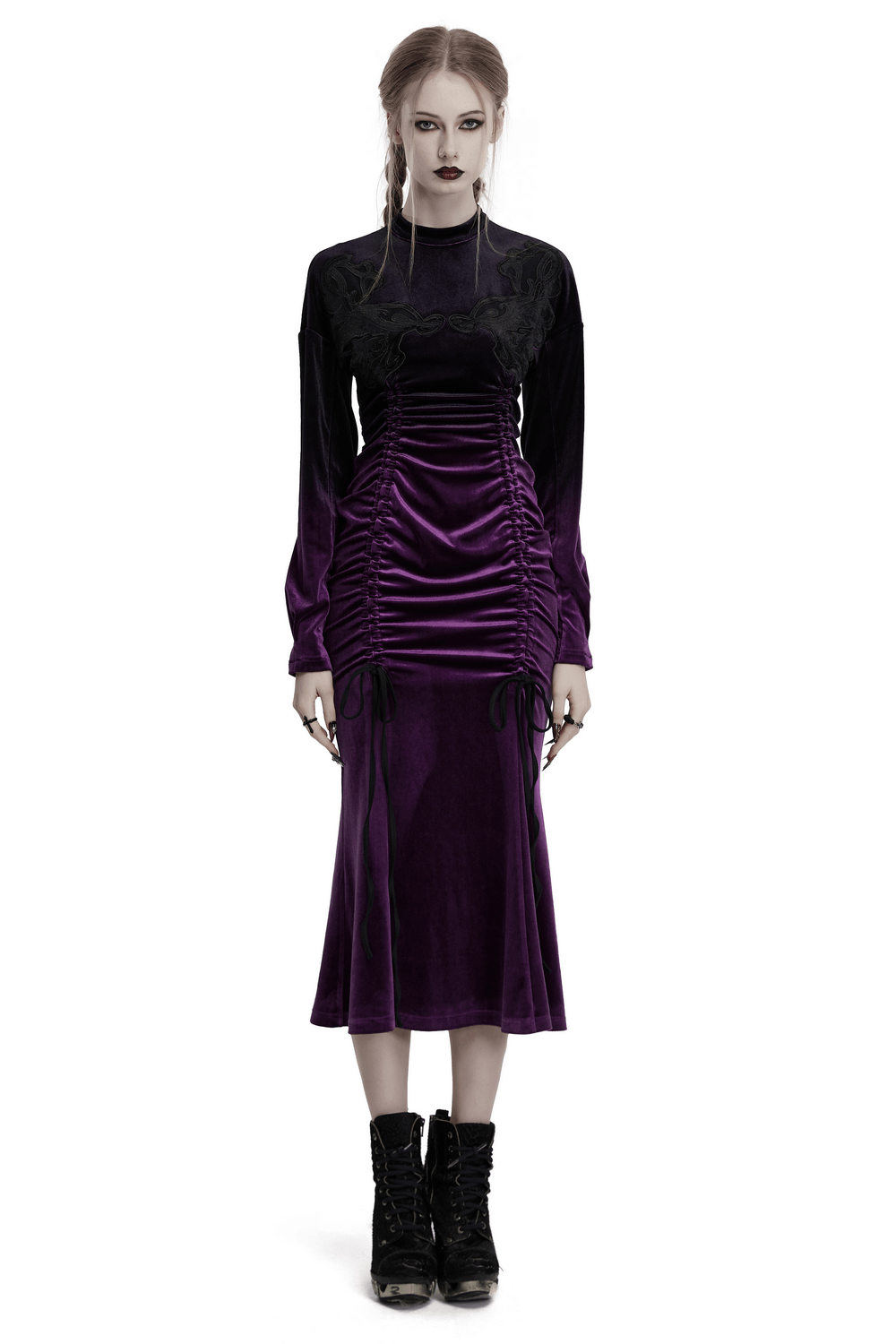 US SALE of Velvet Gothic Gradient Dress with Adjustable Drawstring
