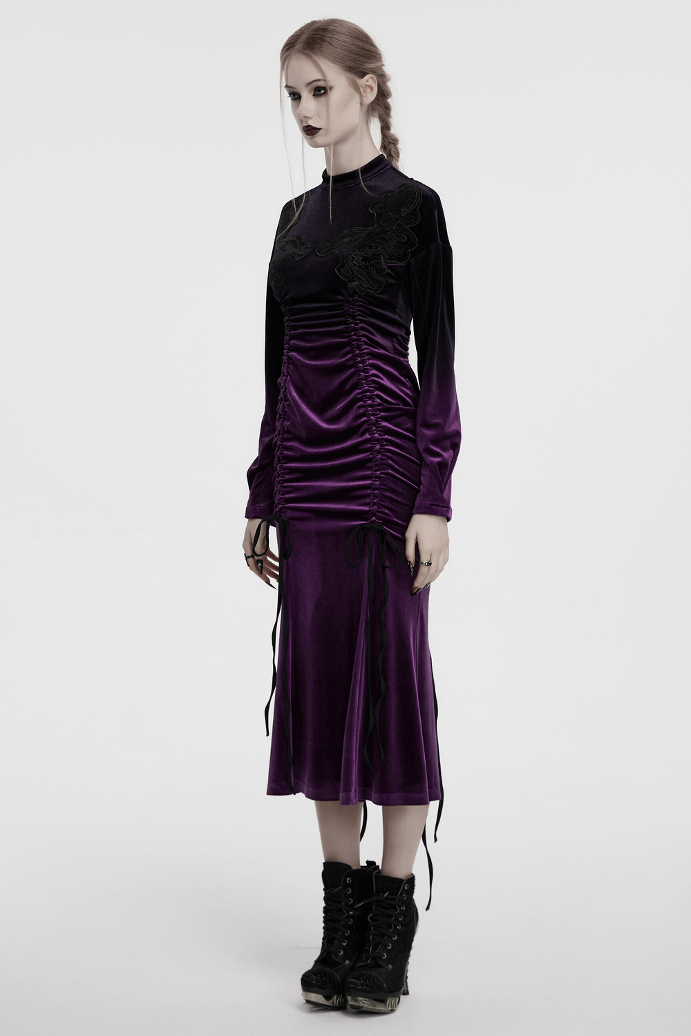 US SALE of Velvet Gothic Gradient Dress with Adjustable Drawstring