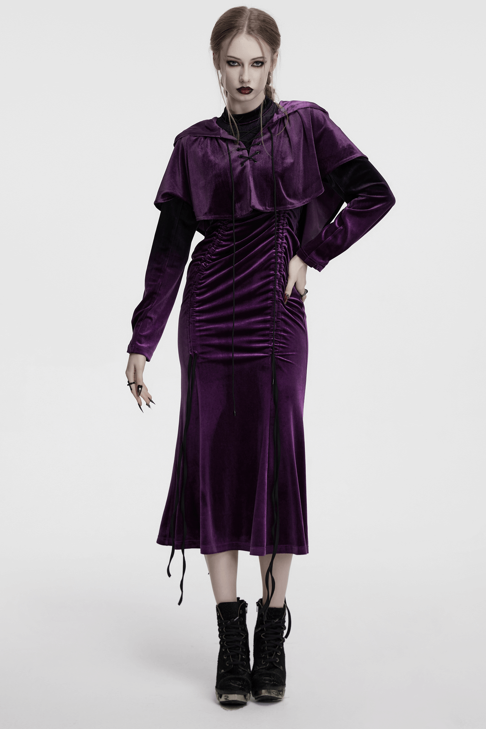 US SALE of Velvet Gothic Gradient Dress with Adjustable Drawstring
