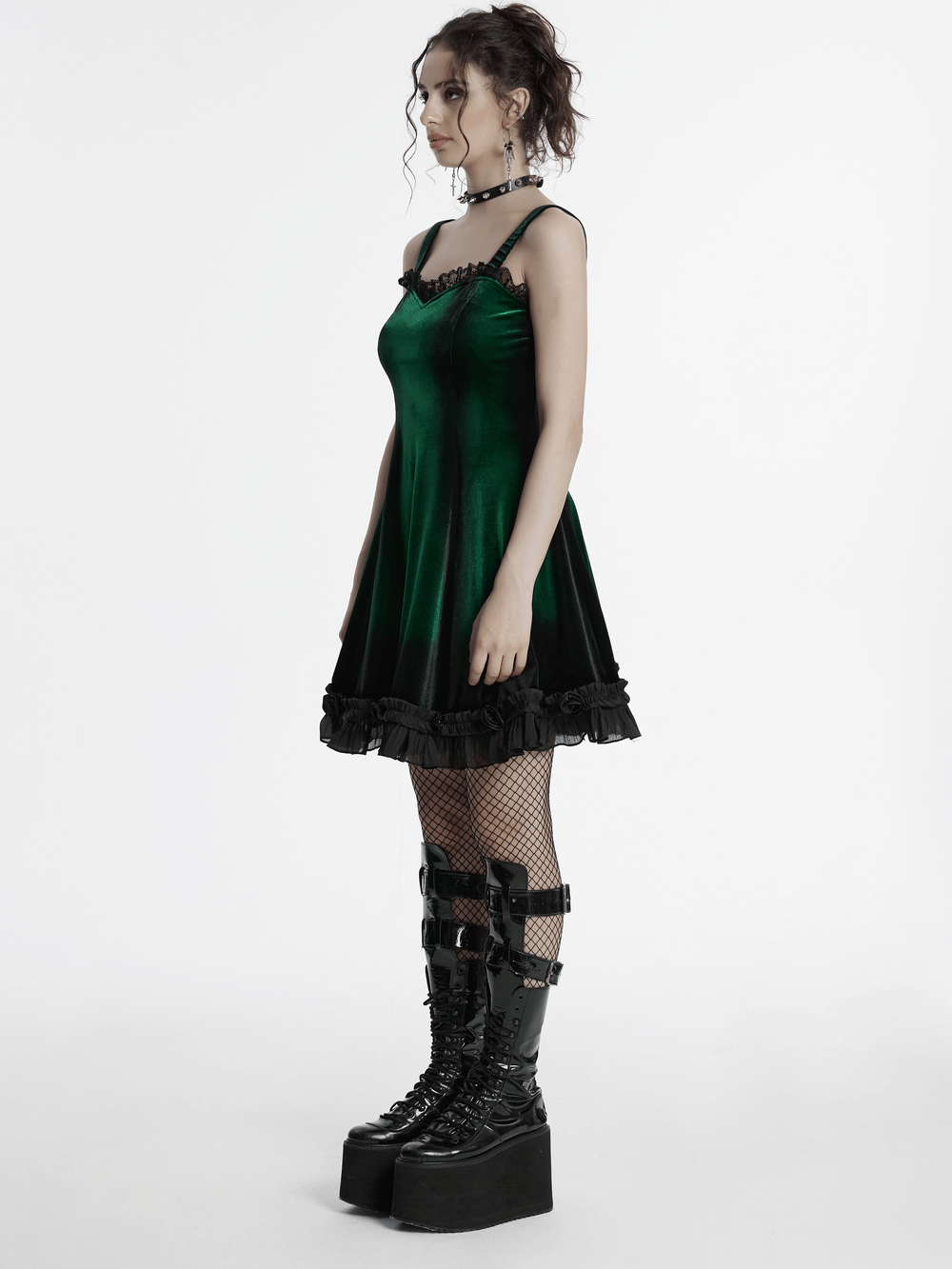 Velvet Gradient Printed Dress with Lace and Ruffle Details