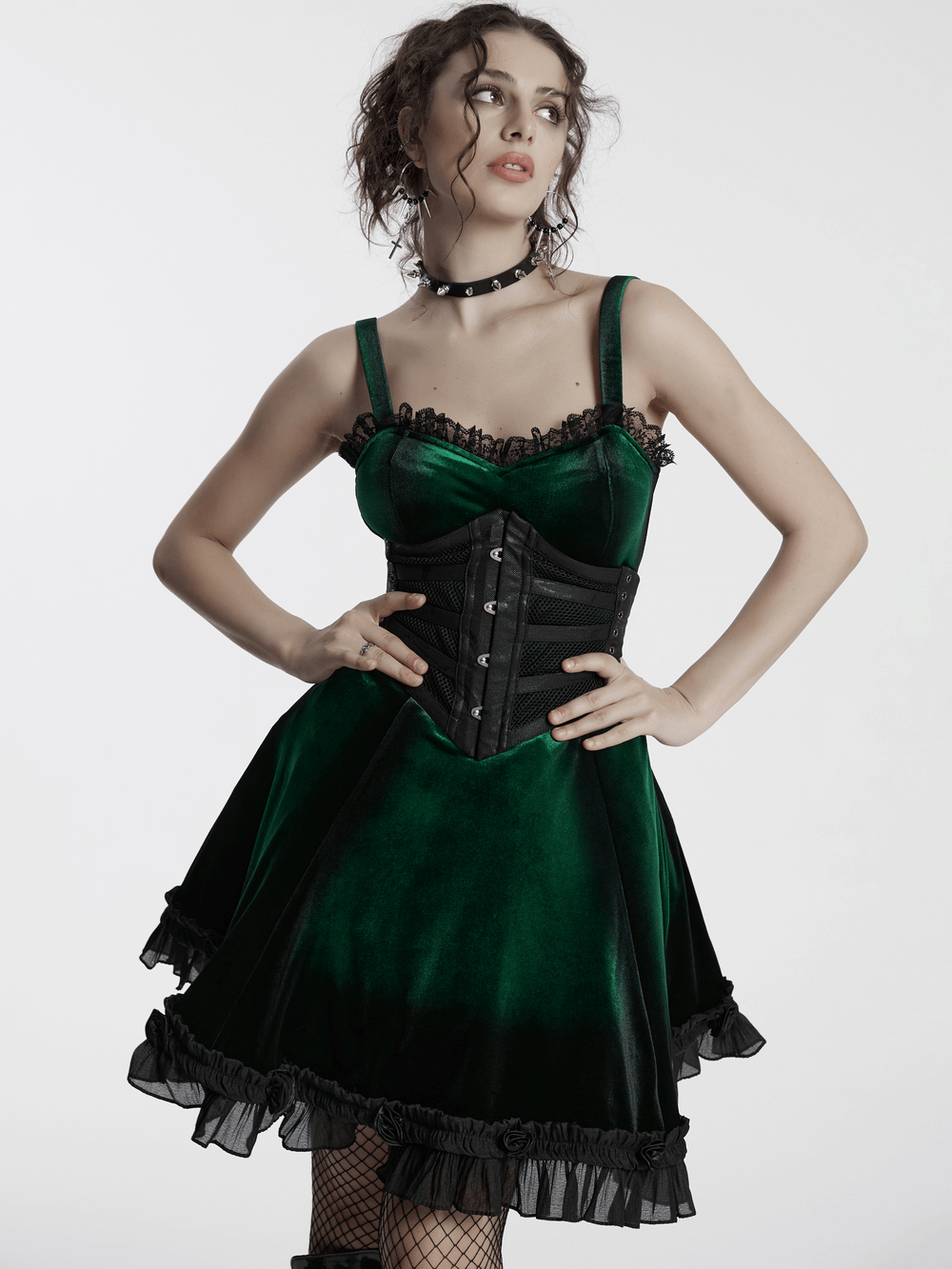 Velvet Gradient Printed Dress with Lace and Ruffle Details