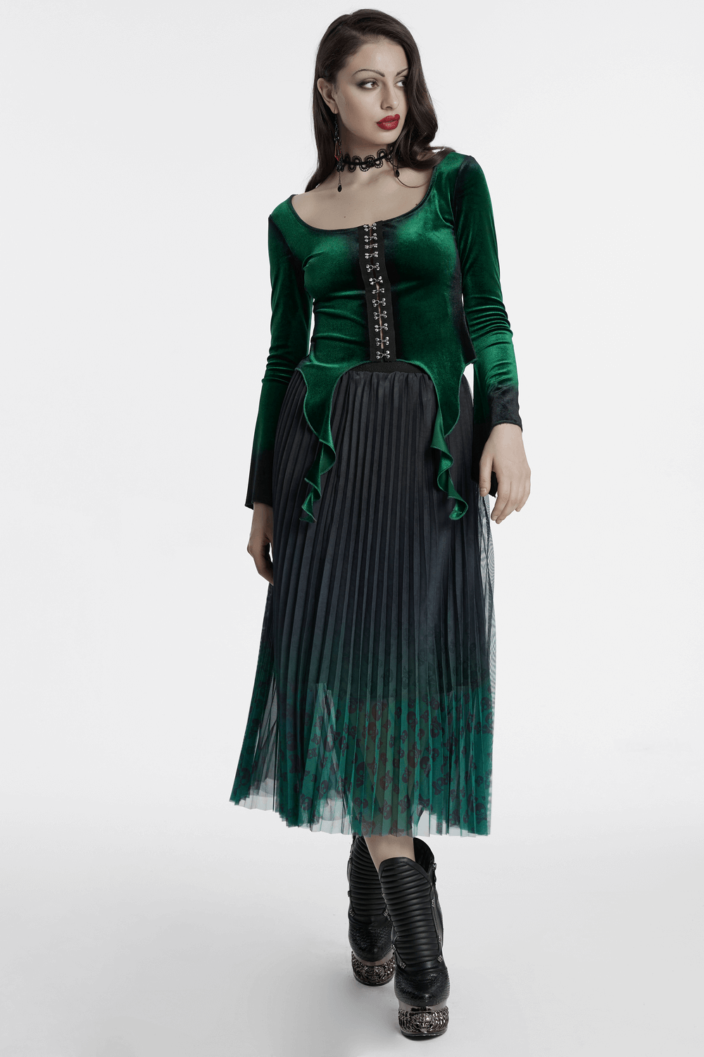 Velvet Gradient Top with Metal Buckles and Square Collar