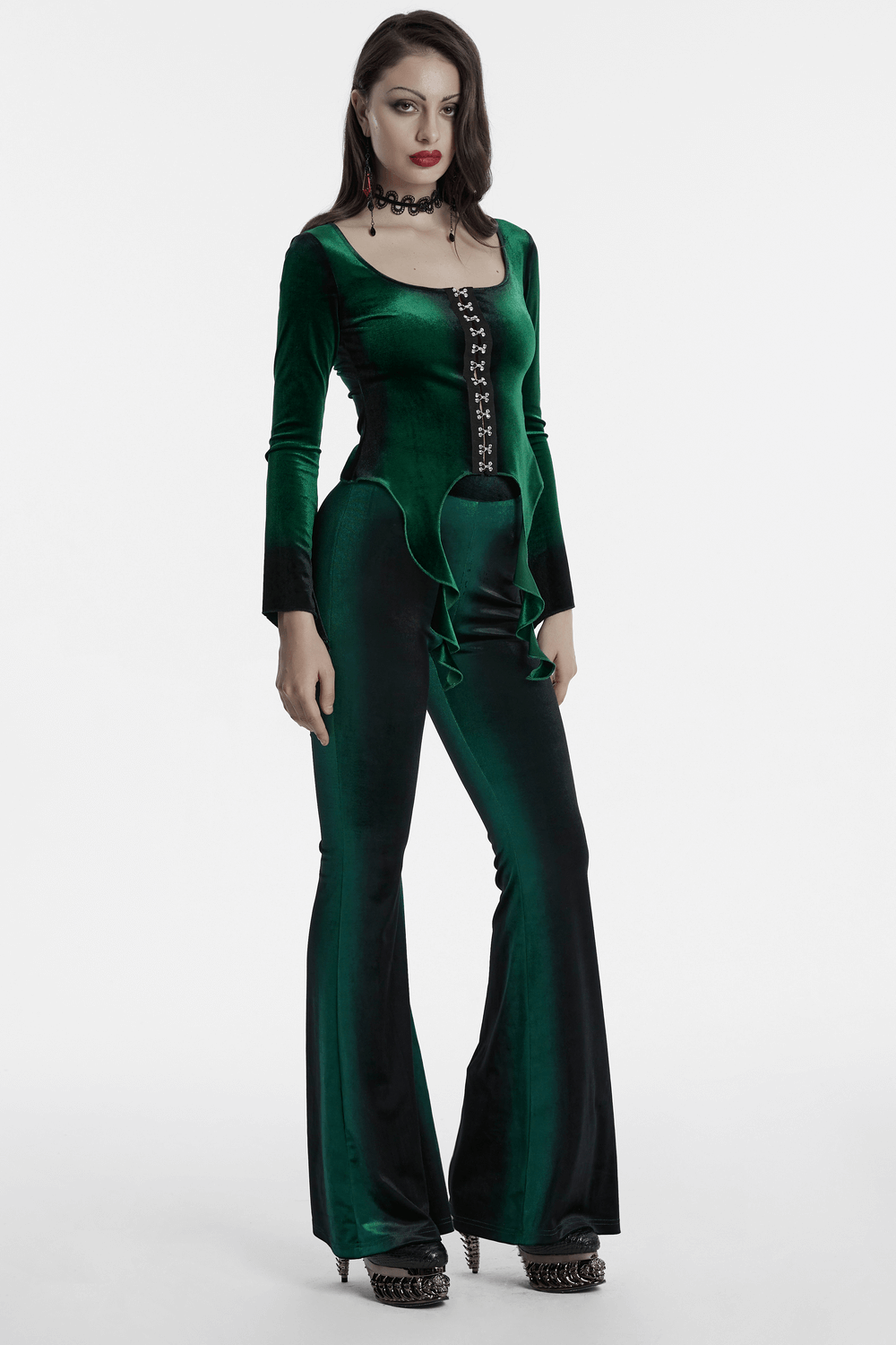 Velvet Gradient Top with Metal Buckles and Square Collar