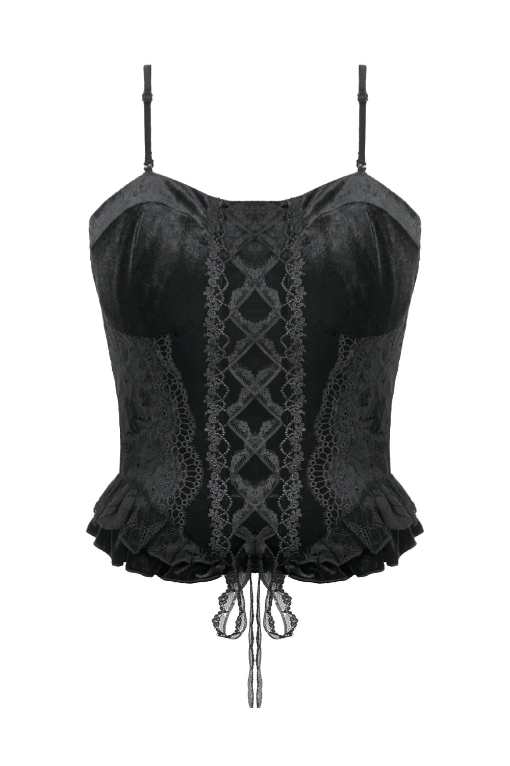 Velvet Lace Ruffled Bustier with Lace Trim and Lace-Up Back