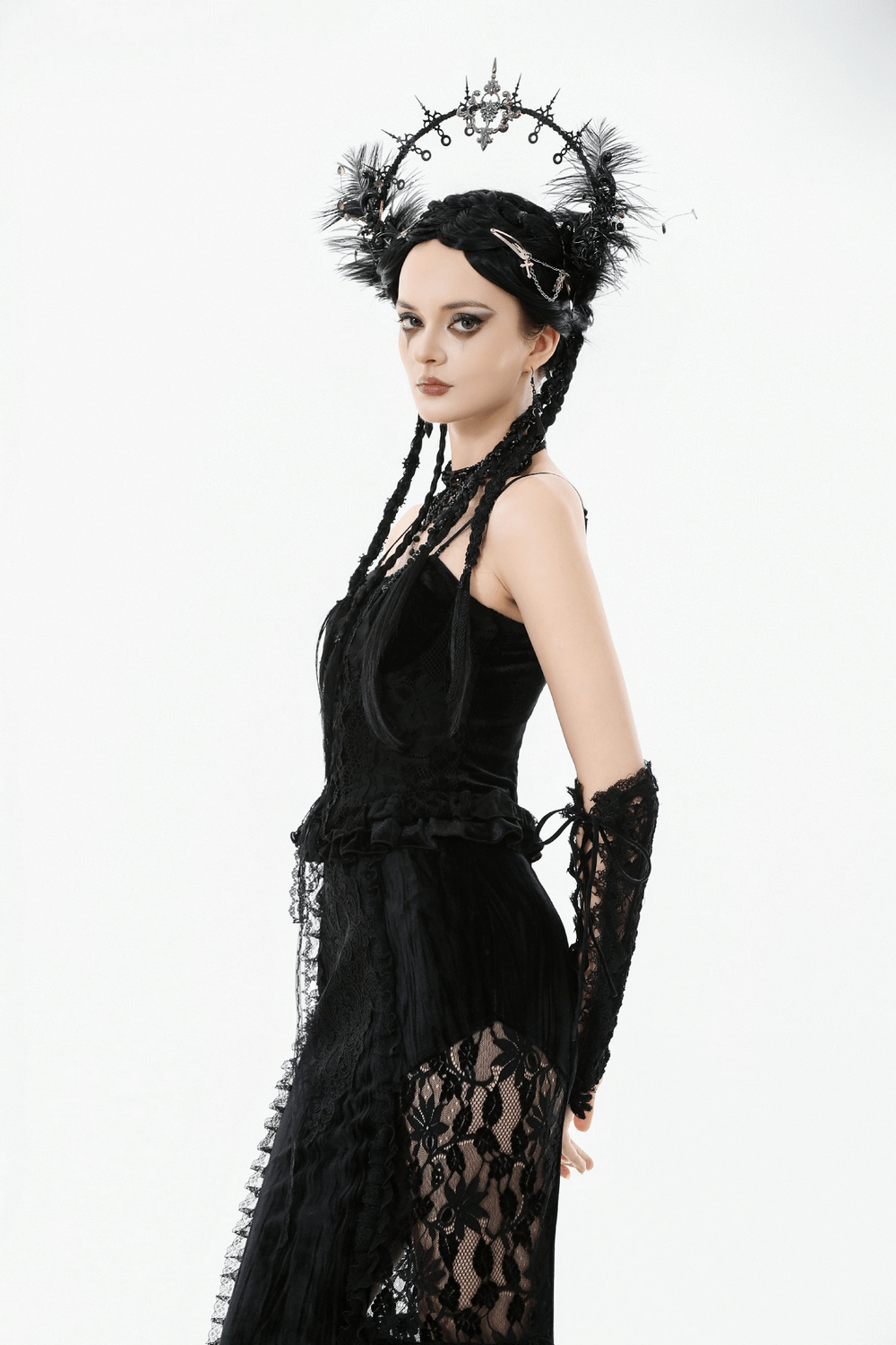 Velvet Lace Ruffled Bustier with Lace Trim and Lace-Up Back
