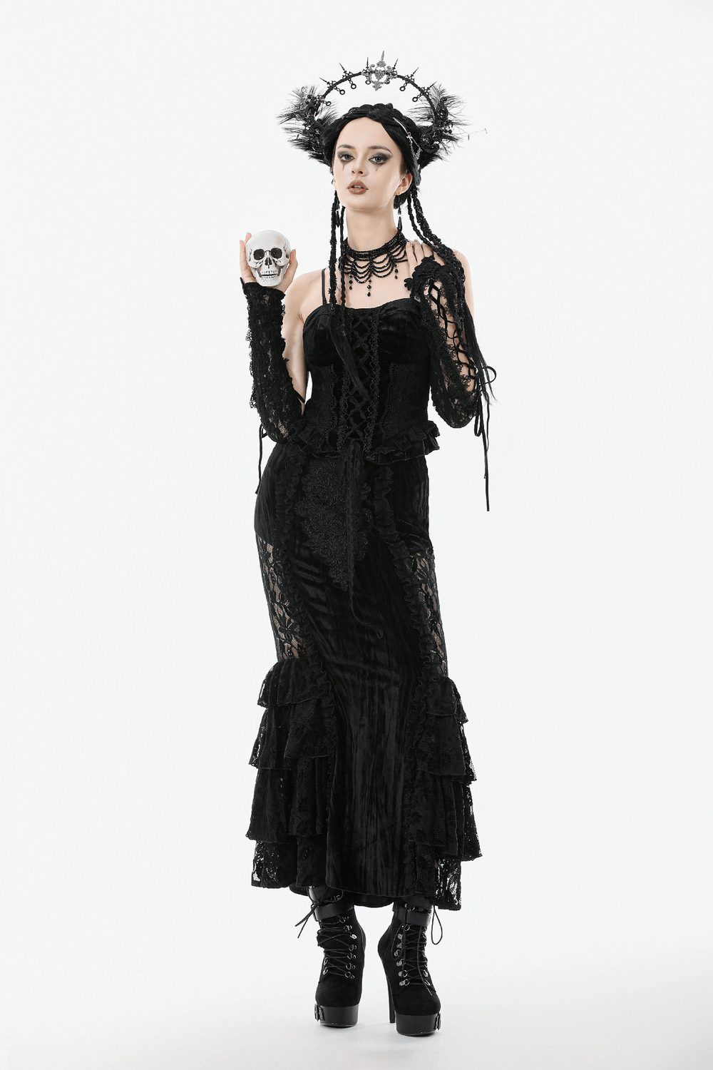 Velvet Lace Ruffled Bustier with Lace Trim and Lace-Up Back