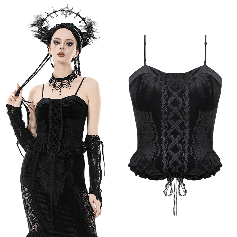Velvet Lace Ruffled Bustier with Lace Trim and Lace-Up Back