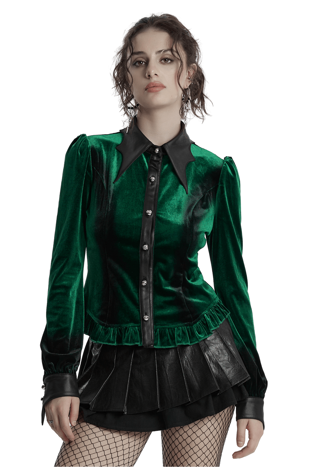 Velvet Lace-Up Shirt with Bat Collar and Gradient Design