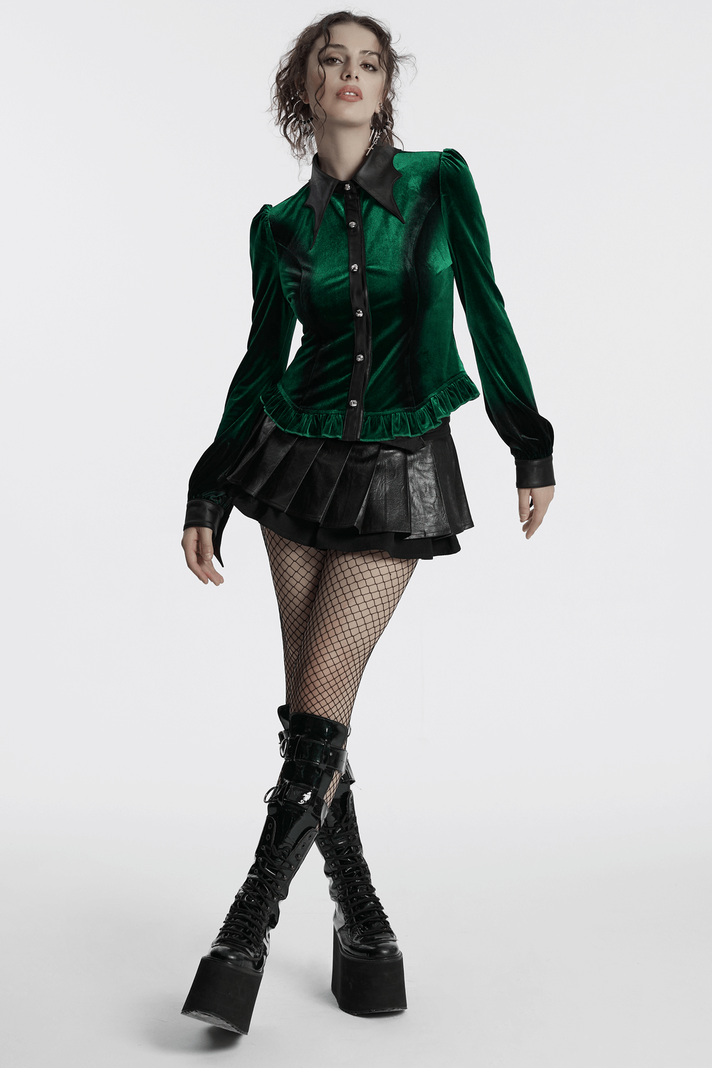 Velvet Lace-Up Shirt with Bat Collar and Gradient Design