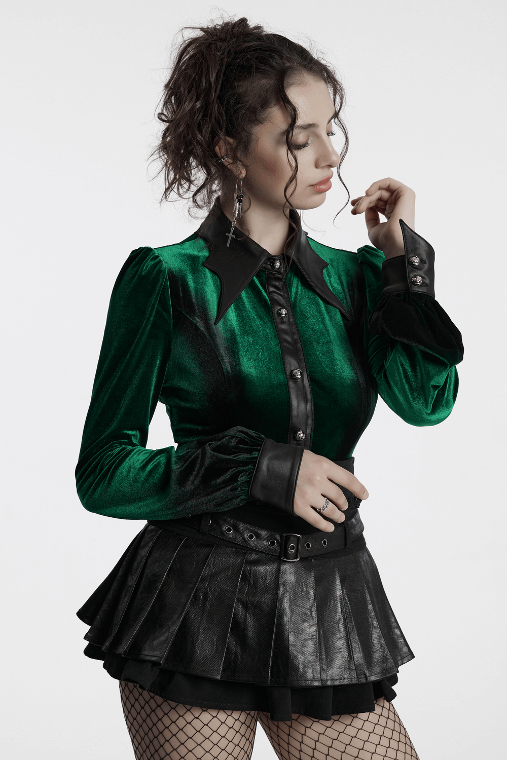 Velvet Lace-Up Shirt with Bat Collar and Gradient Design
