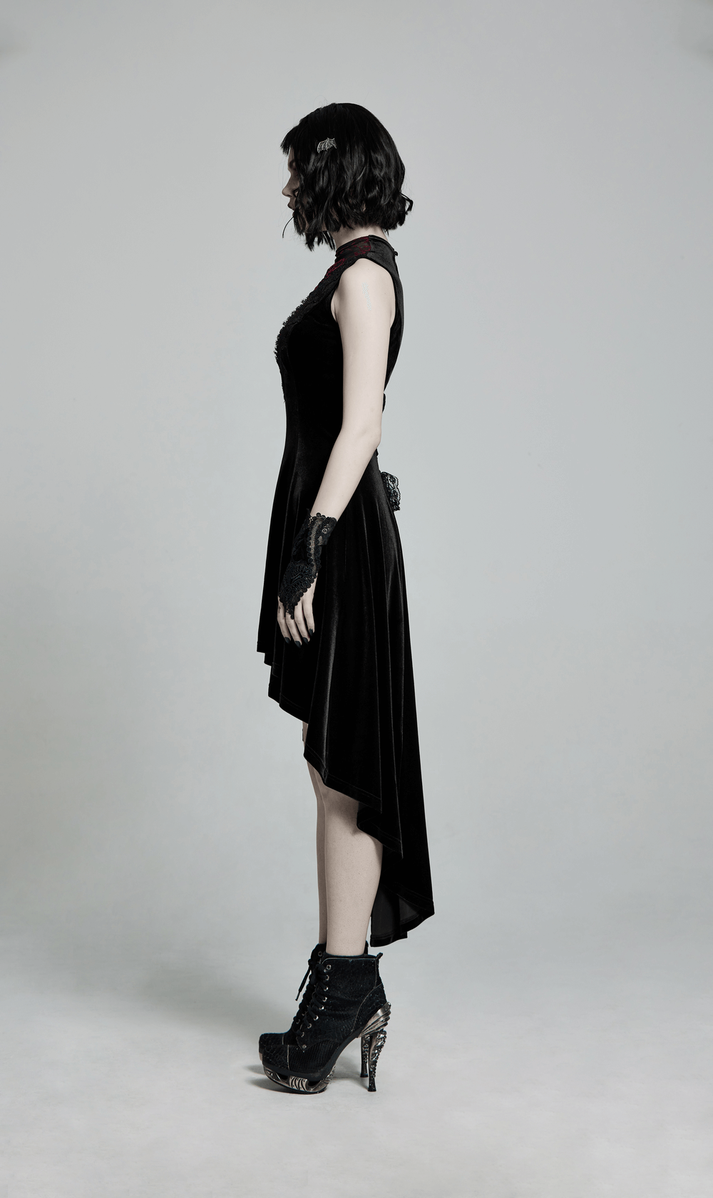 Velvet Mesh Gothic Sleeveless Irregular Hem High-Low Dress