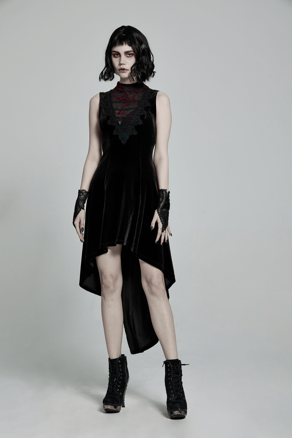 Velvet Mesh Gothic Sleeveless Irregular Hem High-Low Dress