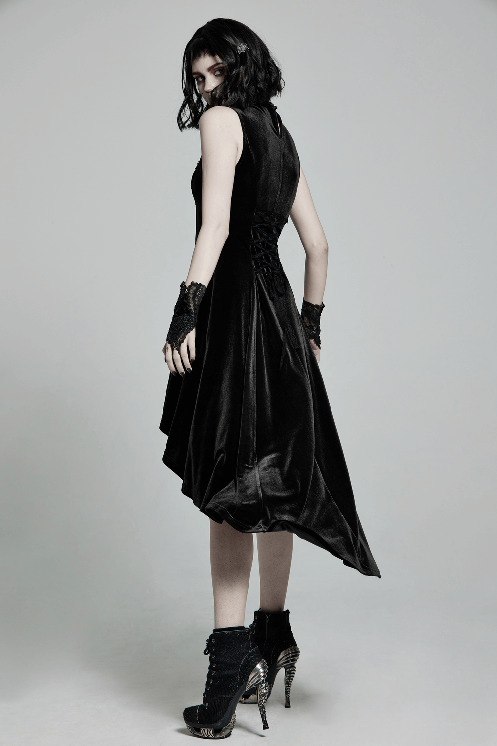Velvet Mesh Gothic Sleeveless Irregular Hem High-Low Dress