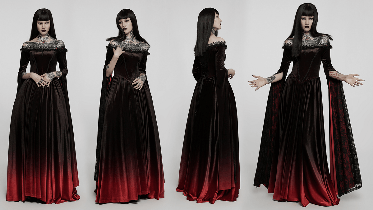 Velvet Off-Shoulder Red Gradient Medieval Dress