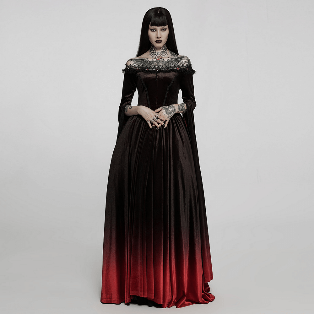 Velvet Off-Shoulder Red Gradient Medieval Dress