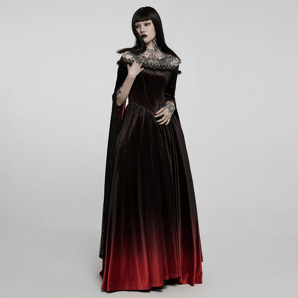 Velvet Off-Shoulder Red Gradient Medieval Dress