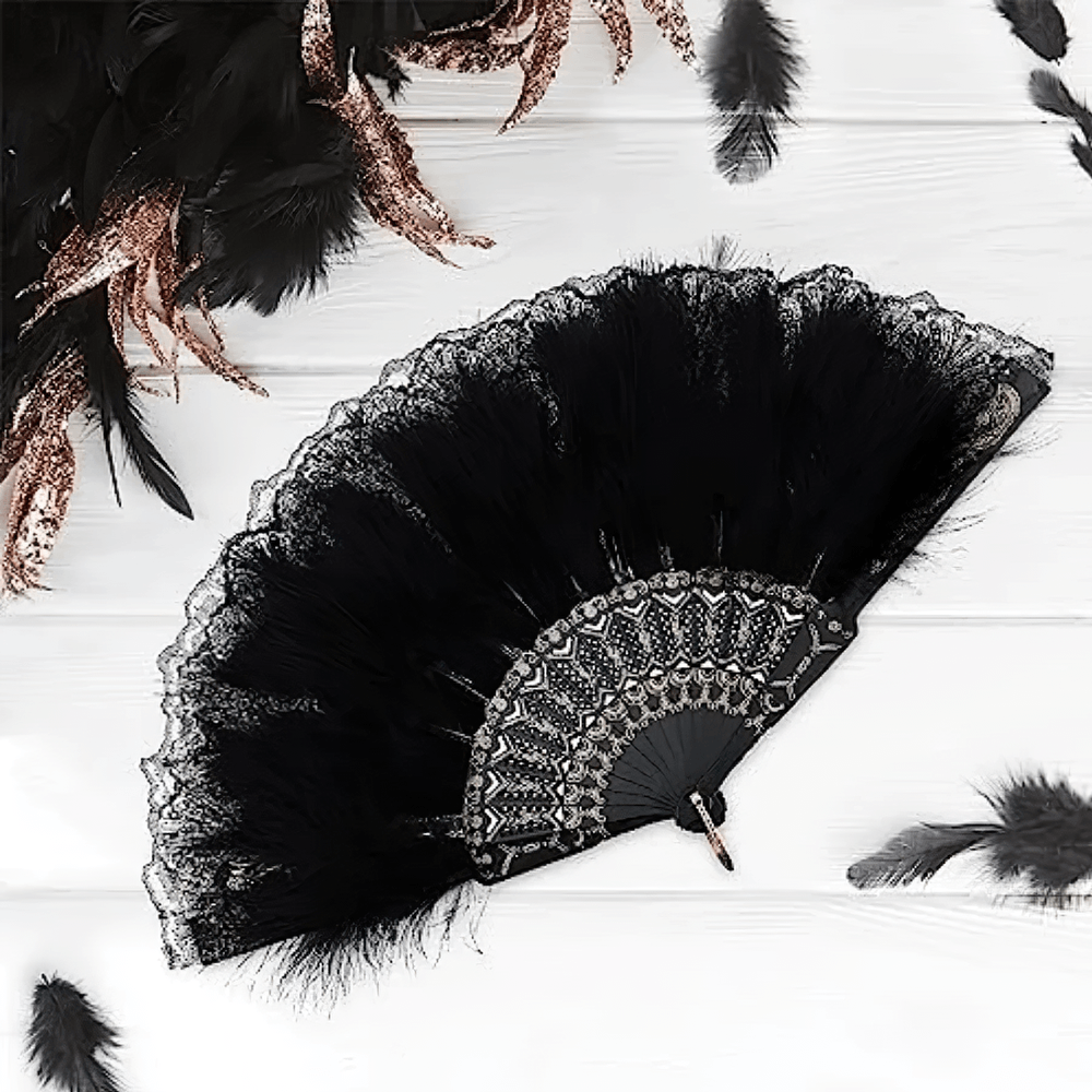Victorian Black Feather Hand Fan for Gothic Party
