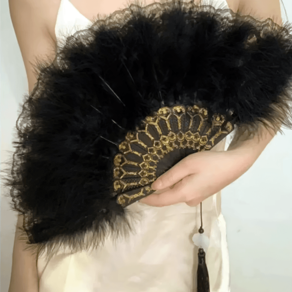 Victorian Black Feather Hand Fan for Gothic Party